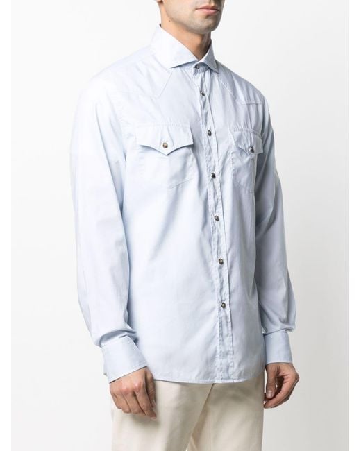 Brunello Cucinelli Blue Flap Pockets Buttoned Shirt for men