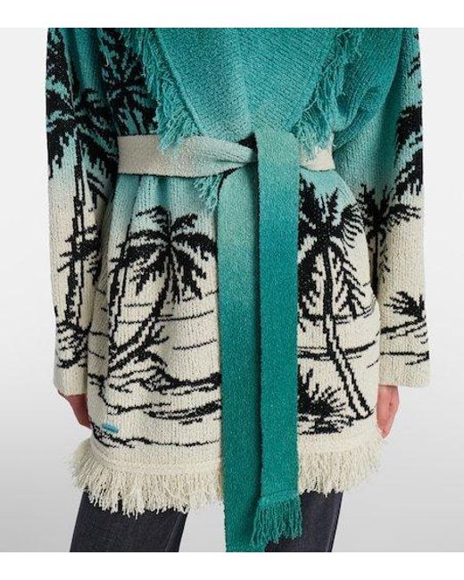 Alanui Green Wave Bloom Fringed Cotton-Blend Jacquard Cardigan