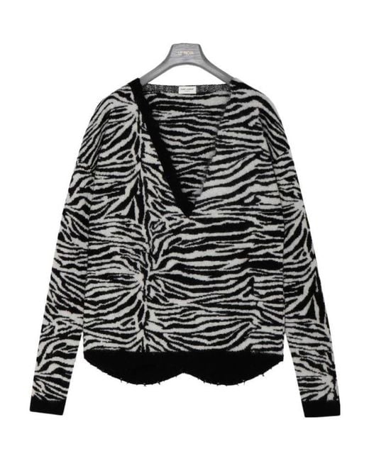 Saint Laurent Black Zebra Patterned V-Neck Sweater