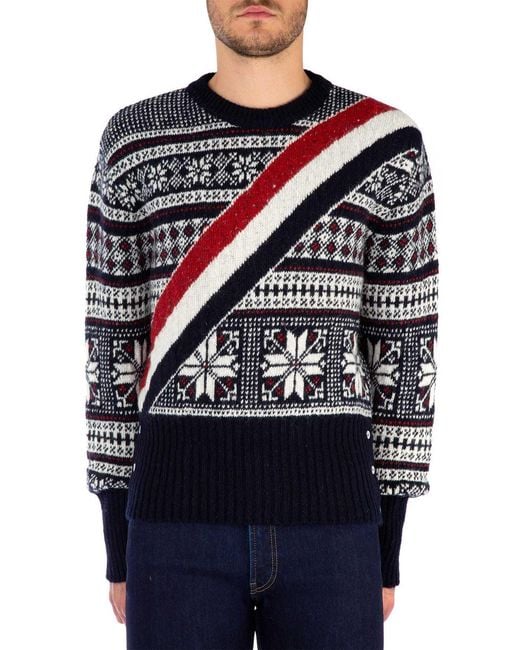 Thom Browne Blue Mohair Diagonal Striped Pullover for men
