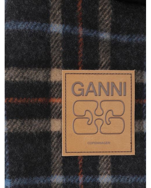 Ganni Black Logo Patch Check Scarf