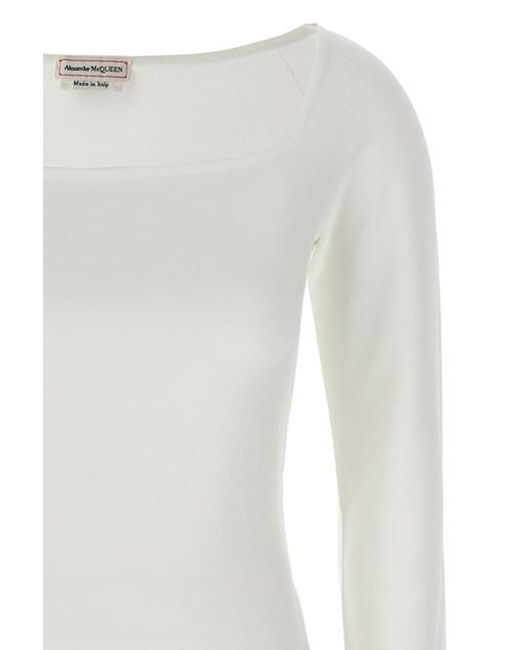 McQueen White Long Sleeved Square-Neck Knitted Top