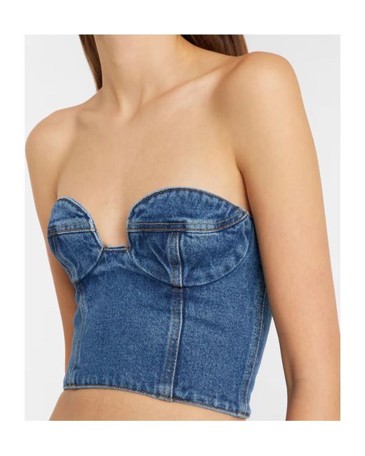 Magda Butrym Blue Floral-Appliqué Denim Bustier Top