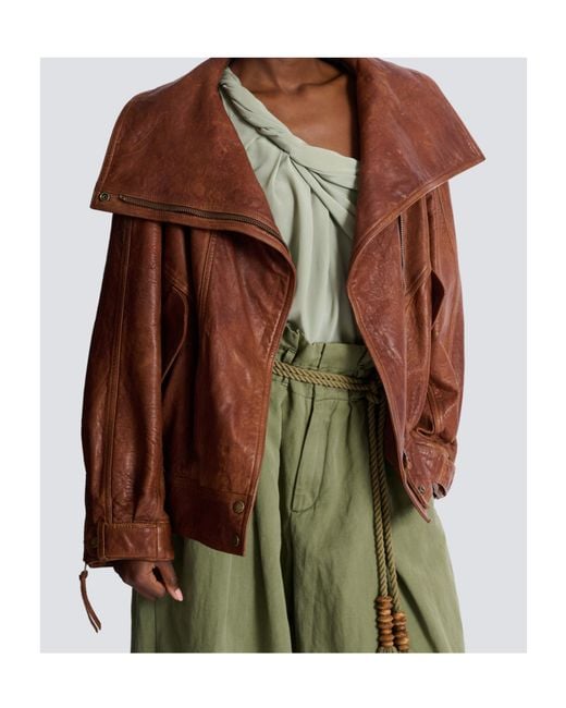 Balmain Brown Oversized Leather Jacket