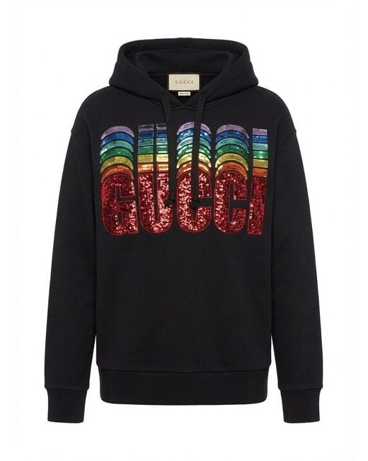 Gucci Black Sequin Embellished Logo Drawstring Hoodie