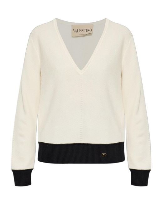 Valentino White Vlogo Signature V-Neck Jumper
