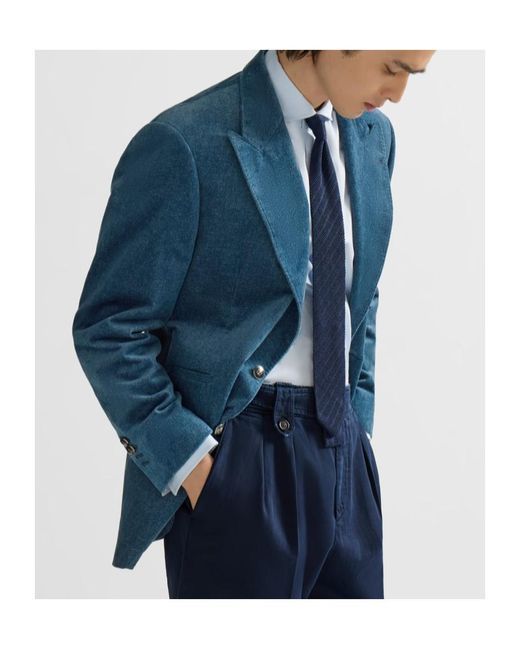 Brunello Cucinelli Blue Denim-Effect Cotton Velvet Tailor Blazer With Peak Lapels for men