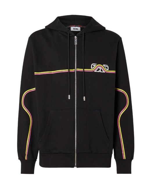Gcds Black Waved Logo Zip-Up Hoodie for men