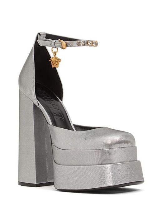 Versace Gray Block Heel Mules With Ankle Strap
