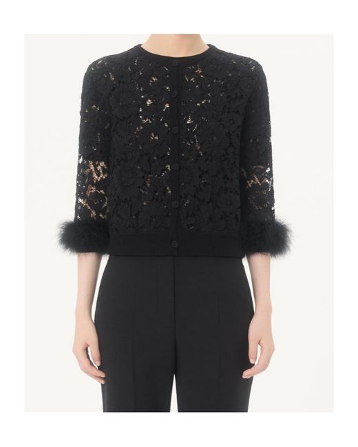 Valentino Black Lace Feather-Trim Cardigan