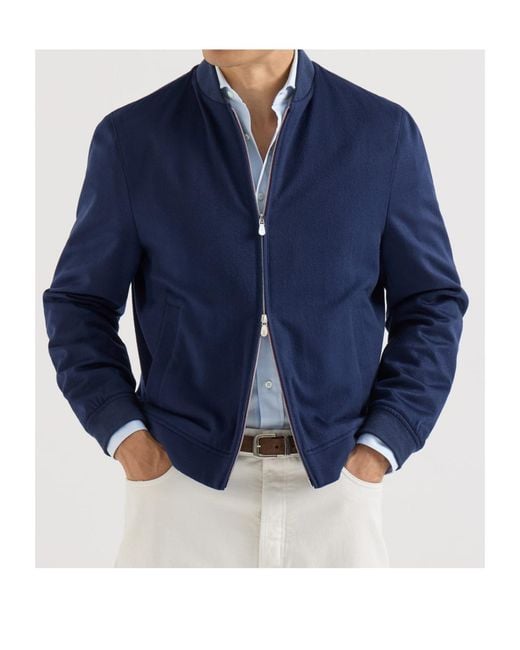 Brunello Cucinelli Blue Lightweight Cashmere Flannel Bomber Jacket for men