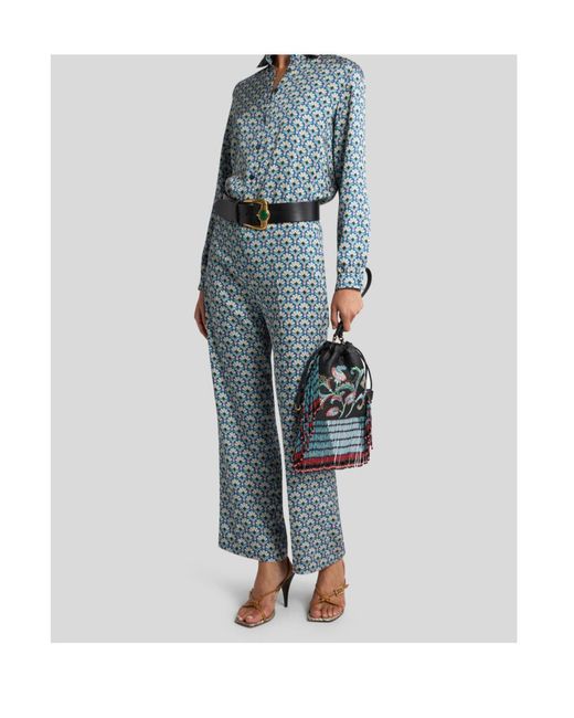 Etro Blue Micro Palm Motif Twill Shirt