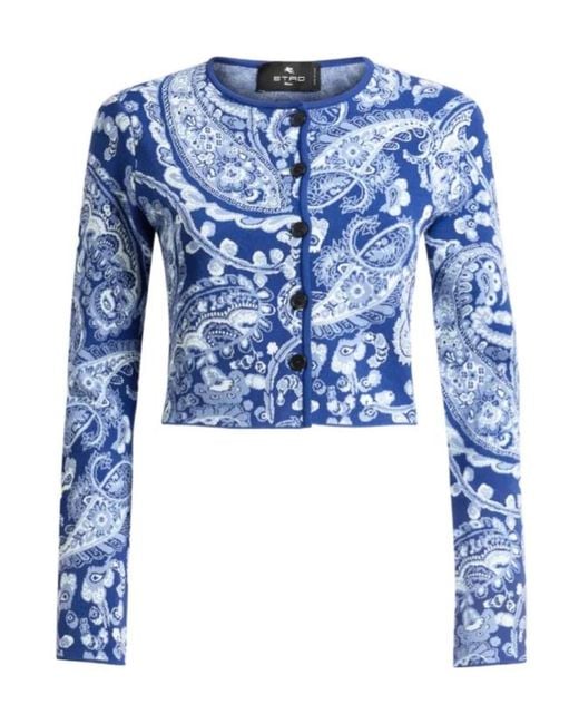 Etro Blue Jacquard Cropped Cardigan With Floral Paisley Motif