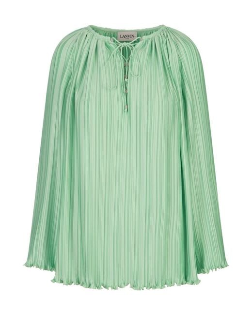 Lanvin Green Pleated Ruffled-Hem Tied-Neck Blouse