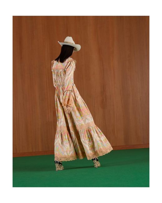 Gucci Natural Floral Printed Ruffled Long-Sleeved Dress