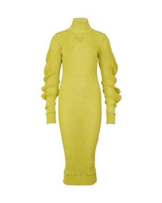Bottega Veneta Yellow Turtleneck Cut-Out Rib-Knit Dress