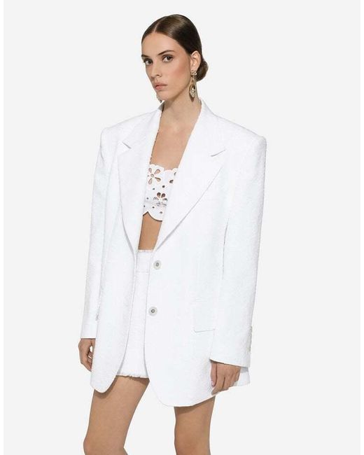 Dolce & Gabbana White Single-Breasted Raschel Tweed Jacket