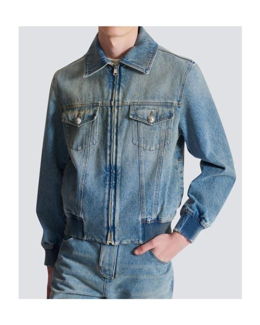 Balmain Blue Cropped Lined Denim Jacket for men