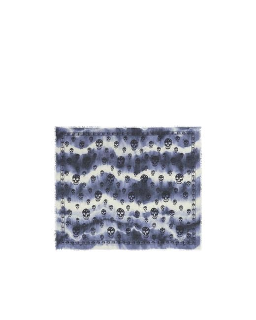 McQueen Blue Tie-Dye Skull Fringed Scarf for men