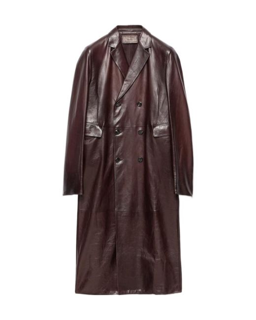 Prada Brown Double-Breasted Nappa Leather Coat for men