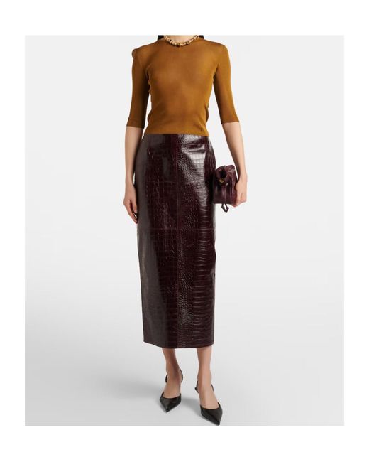 Nour Hammour Purple Elyse Croc-Effect Leather Pencil Skirt
