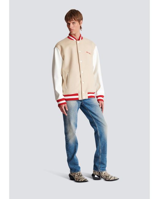 Balmain White Logo Embroidered Varsity Jacket for men