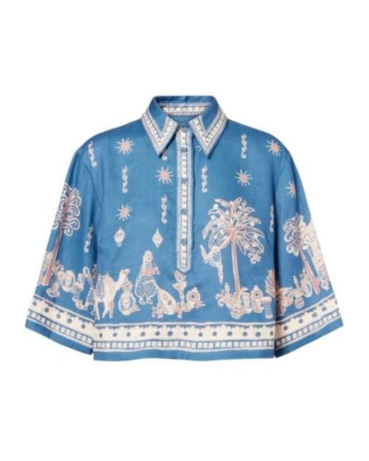ALÉMAIS Blue Acacia Printed Cropped Linen Shirt