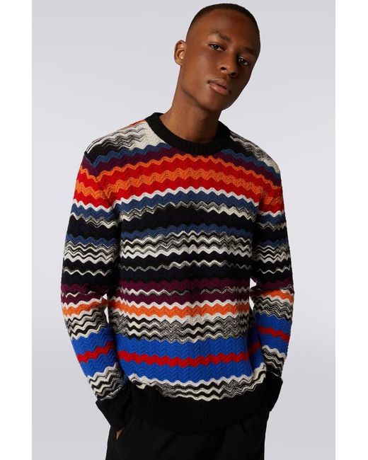 Missoni Blue Zigzag-Woven Crewneck Knitted Jumper for men