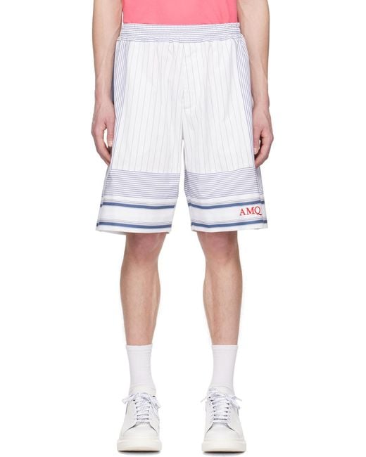McQueen Blue Logo Embroidered Striped Shorts for men