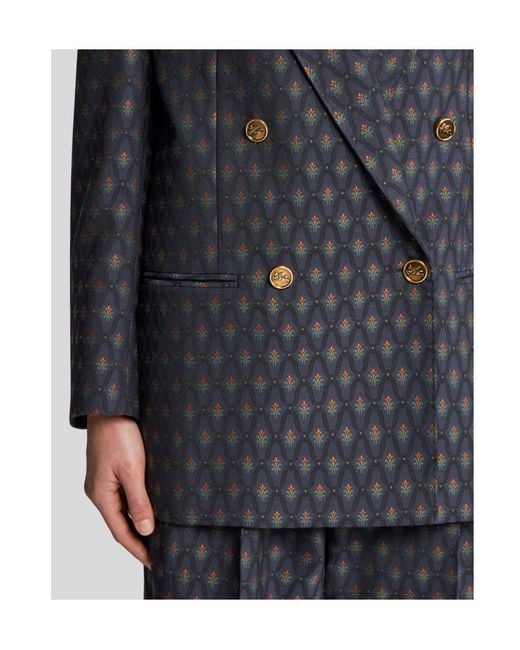 Etro Blue Patterned Jacquard Straight Hem Jacket