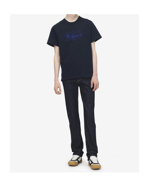 McQueen Blue Script Printed Crewneck T-Shirt for men