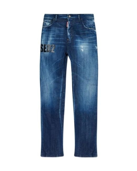 DSquared² Blue Logo Printed Distressed Straight-Leg Jeans for men