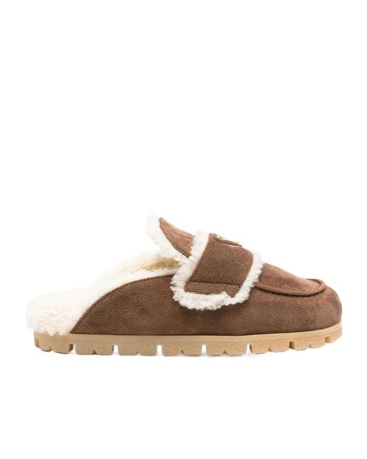 Prada Brown Triangle-Logo Slip-On Sandals