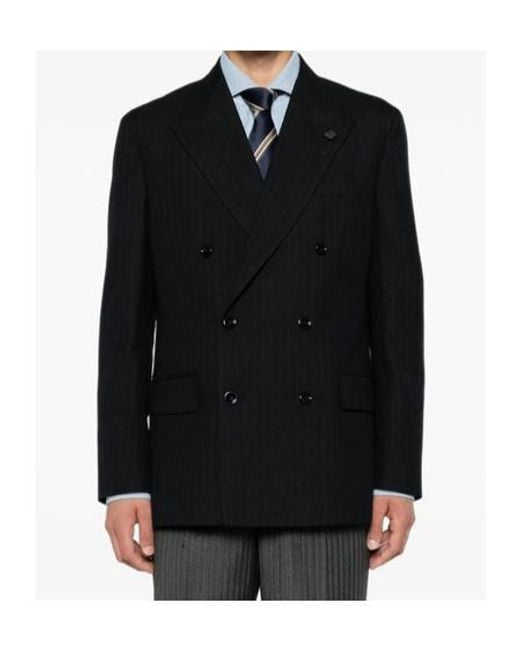 Lardini Black Pinstripe Double-Breasted Blazer for men
