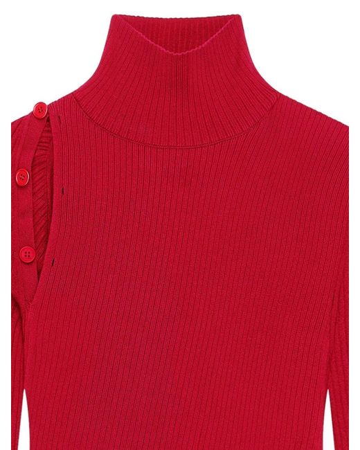Courreges Red Button-Embellished Ribbed Turtleneck Sweater