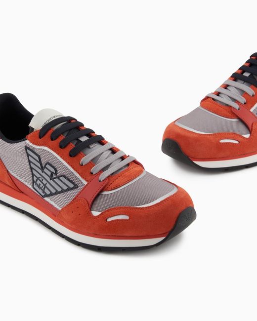 Emporio Armani Red Mesh Sneakers With Suede Details And Eagle Patch for men