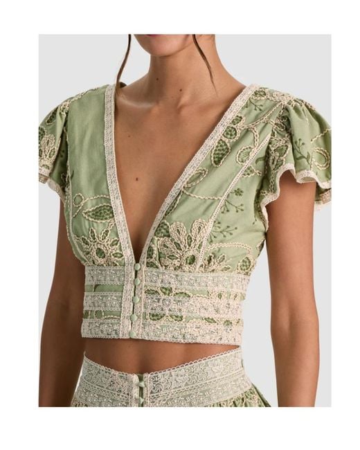 Alice + Olivia Green Keeley Embroidered Flutter Sleeve Top
