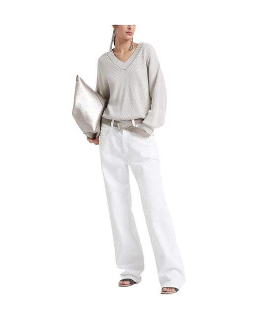 Brunello Cucinelli Gray Monili-Trim Ribbed Jumper