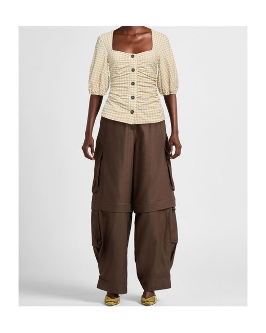 Ganni Natural Plaid Pleated Top