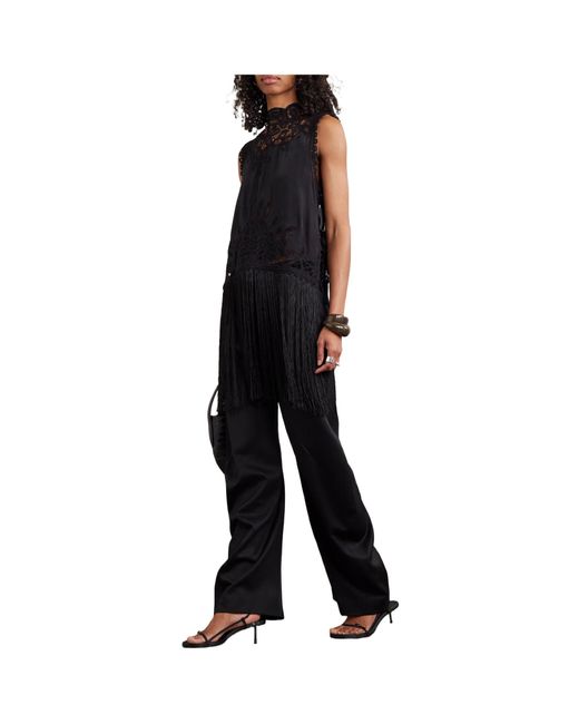 Sea Black Adelina Tie-Side Fringed Lace-Paneled Woven Top
