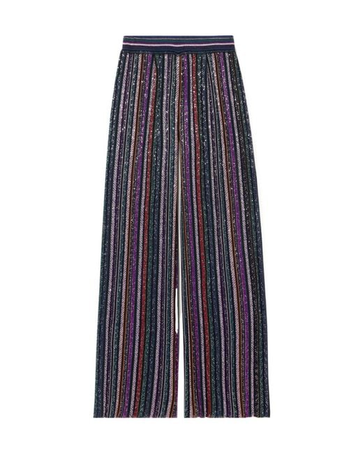 Missoni Blue Sequined Striped Metallic Crochet-Knit Wide-Leg Pants