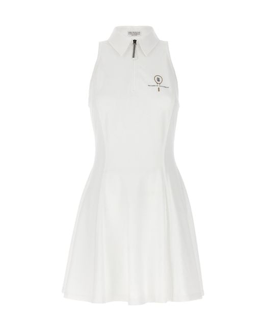 Brunello Cucinelli White Logo Embroidered Sleeveless Dress