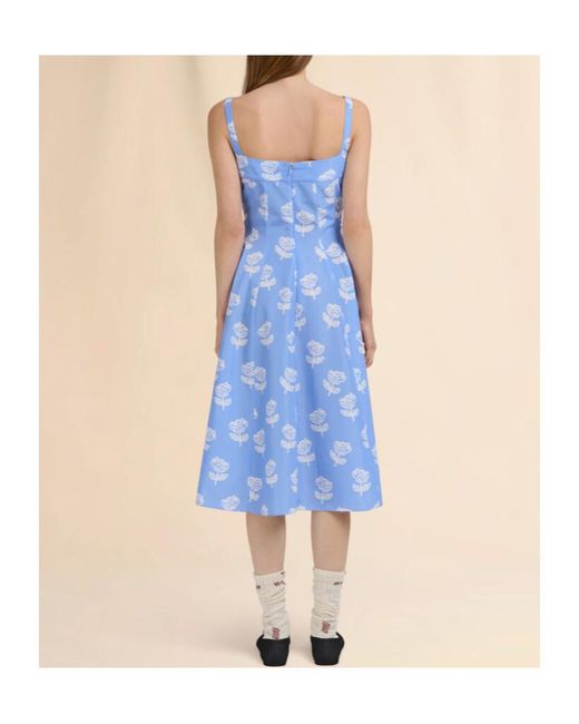 Marni Blue Light Poplin Flared Dress With Sprayed Roses Print