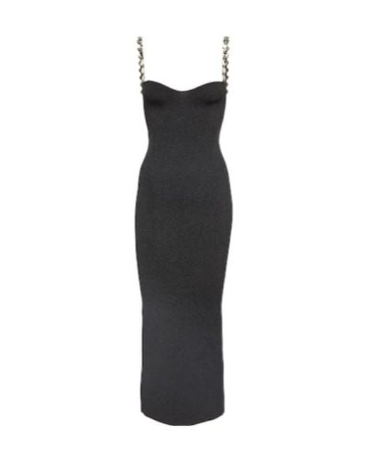 Galvan Black Globe Chain Wave Ribbed-Knit Midi Dress