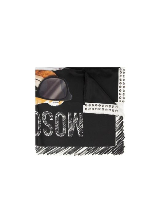 Moschino Black Teddy Bear Printed Silk Scarf