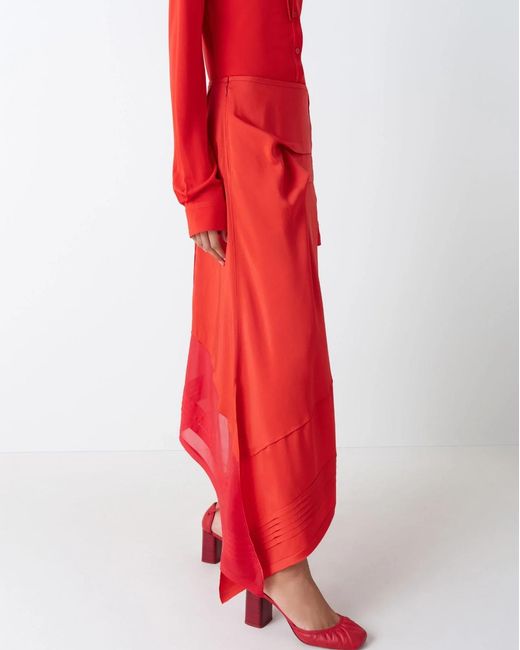 Lemaire Red Pleated Asymmetric Midi Skirt