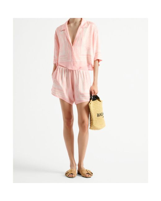 Balmain Pink Scarf-Print High-Waist Shorts
