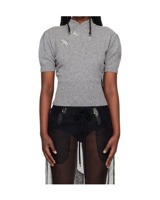 Simone Rocha Gray Short-Sleeved Stand-Up Collar Cashmere Sweater