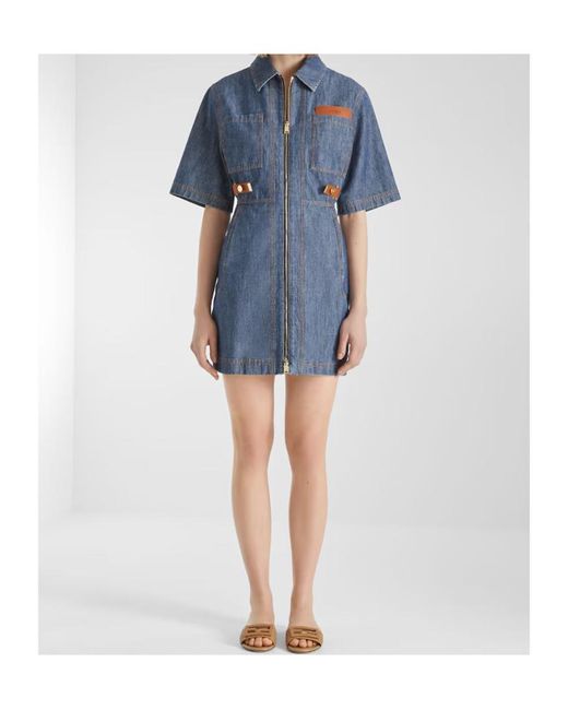 Fendi Blue Logo Detailed Denim Chambray Dress
