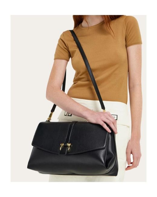Ferragamo Black Ferragamo Front Flap Large Shoulder Bag